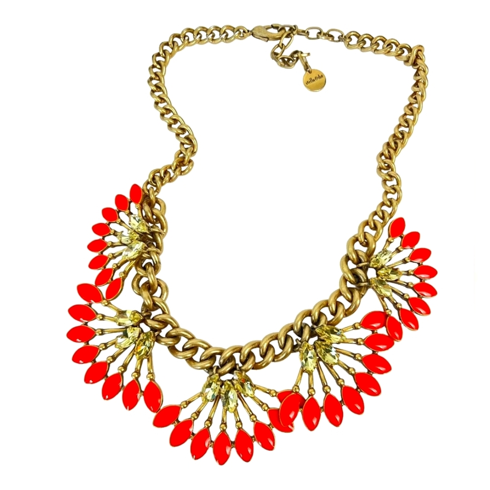 Stella & Dot Coral Cay Enamel Yellow Rhinestone Fan Statement Gold Tone Necklace